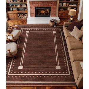 Brown Bordered Rugs for Living Room 8x10, Non-Slip Washable Farmhouse Bedroom Rug, Ultra-Soft Low-Pile Indoor Carpets, Stain-Resistant Vintage Polka Dot Rugs for Dining Room, Office