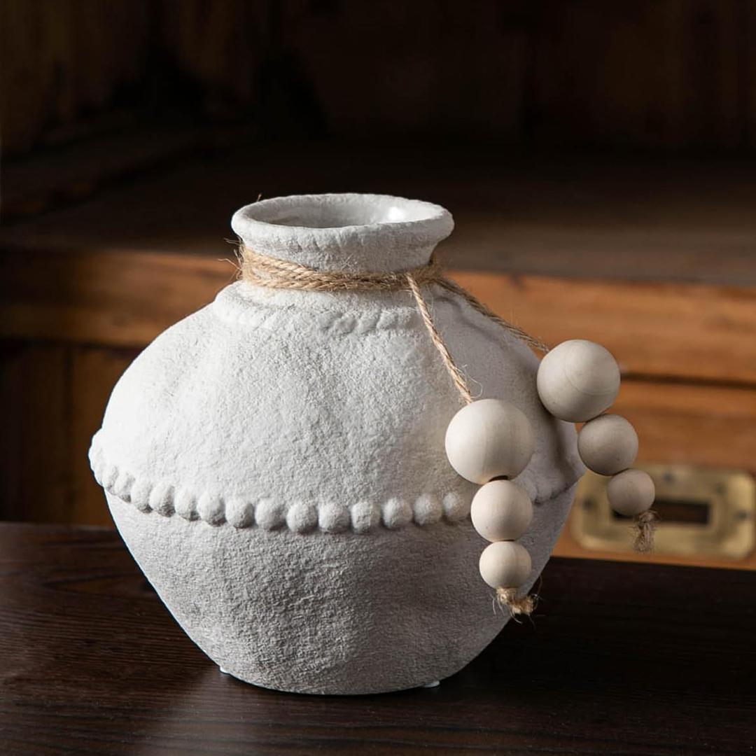 Rustic Ceramic Vase with Boho Wooden Beads, Matte Decorative Pottery for Modern Farmhouse and Bohemian Decor, Floral Arrangements, Bedroom, Shelf, or Side Table Accents (White - Small)