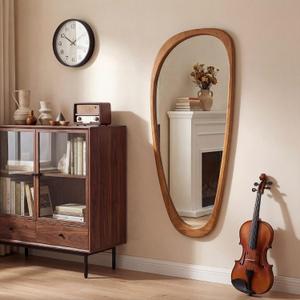 EOGOW Asymmetrical Mirror,48" x 22" Unique Irregular Mirror Wall-Mounted Decor for Living Room Bathroom Bedroom Vanity Entryway Hallway(Natural Wooden)