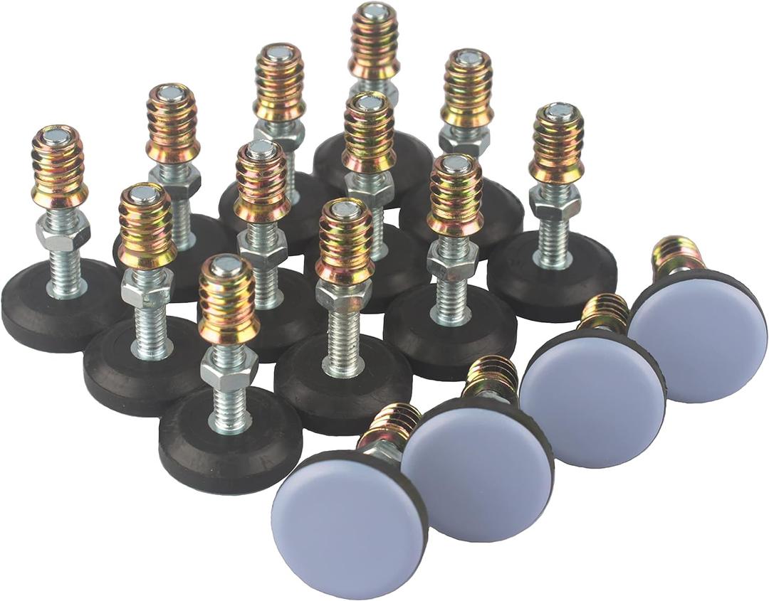 Furniture Leveler PTFE(Teflon) Bottom(28mm Base 1/4-20,16 Pack),Threaded Shank Adjust Pads,Table/Chair/Cabinet/Sofa Medium Adjustable Legs Leveling,Nuts Installation and Floor Protection