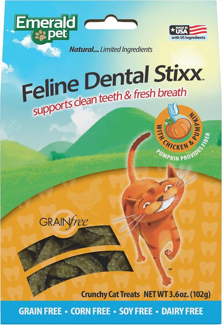Emerald Pet Grain-Free Chicken Cat Dental Treats  Crunchy Dental Sticks for Cats to Clean Teeth, Reduce Plaque & Tartar, Freshen Breath  Pumpkin for Digestive Health, Natural Cat Chews, 3.6 oz (EXP 01/23/28)