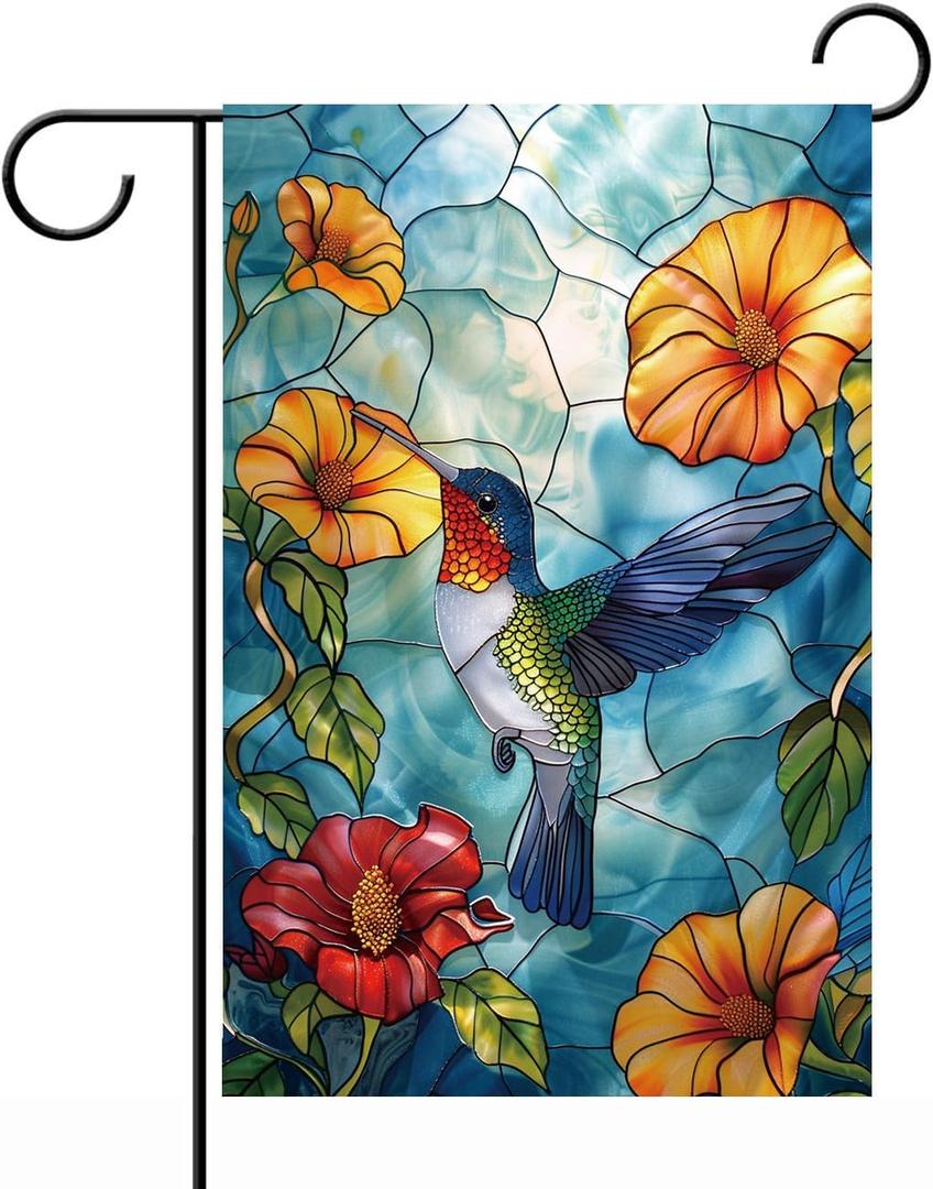 Garden Flags a Hummingbird with some Colorful Flowers Background Double Sided Yard Flags 12x18 inch for Yard Outdoor Decor