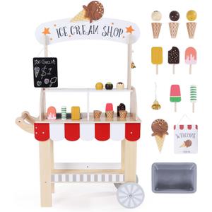 labebe Wooden Ice Cream Cart for Kids, Toddler Ice Cream Truck Pull-Along Pretend Play Stand for 3-8Y, Children Role Play ice cream toy Trolley with Blackboard, ringbell, Ice-lolly for 36M+ Girls Boys, Child-size