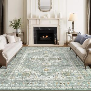 8x10 Area Rugs for Living Room, Stain Resistant Neutral Washable Rugs for Dining Room, Floral Vintage Non-Slip Thin Large Size Area Rug Green