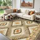 Area Rug 8x10 Rug Machine Washable Non-Slip Low Pile Print Pattern Western Rug for Living Room Bedroom Entryway Tribal Series -Cream/Camel