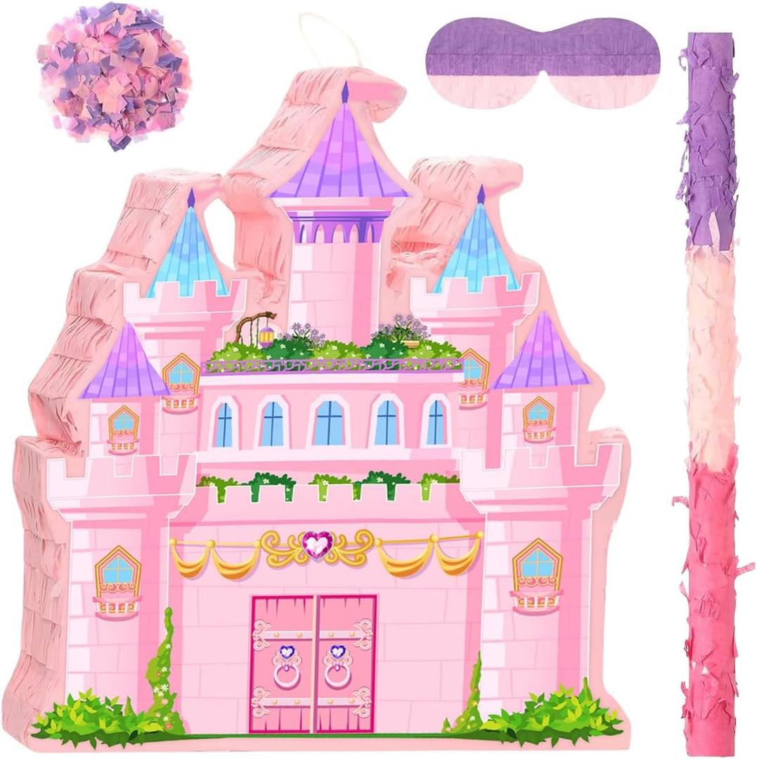 Princess Castle Pinata for Girl Birthday Party Supplies Pink Decorations Fairy Cardboard Castle Pinatas Games (Pink)