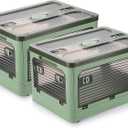2 Pack Plastic 4 Doors Collapsible Storage Bins with Lid & Wheels, 36 Liters Folding Storage Bins, Stackable Multifunctional Box for Camping Clothes Snack Storage (Green)
