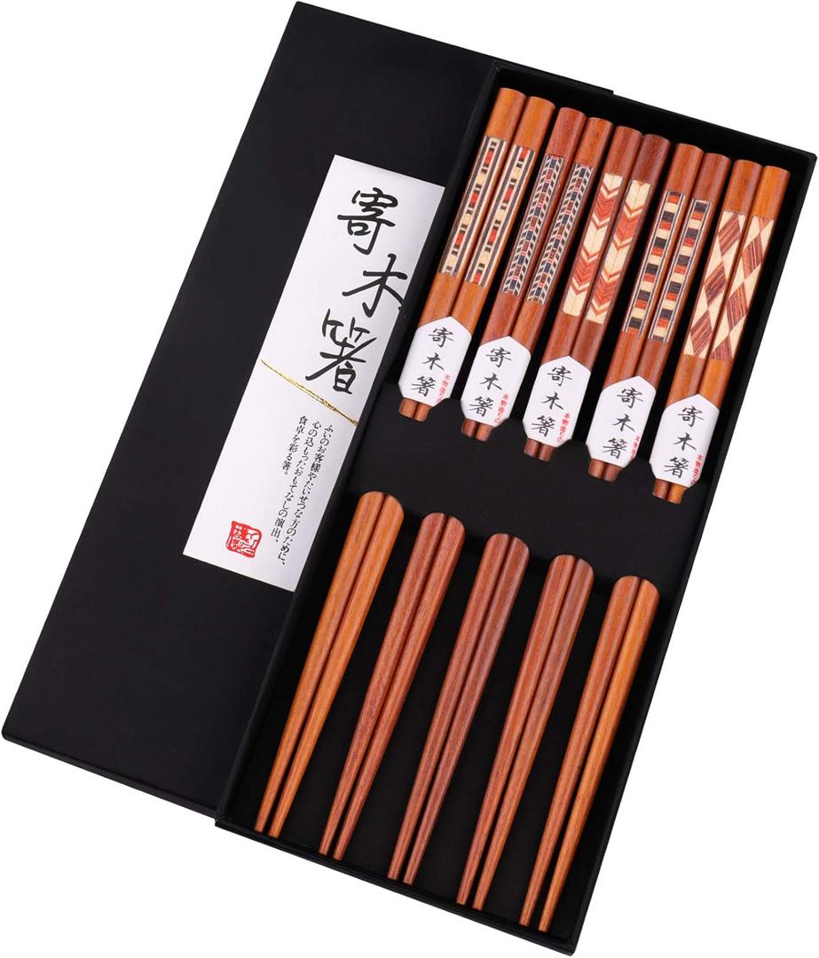 GLAMFIELDS Reusable Chopsticks Japanese Natural Wooden 5 Pairs Classic Style Lightweight Safe Chop Sticks 8.8 Inch/22.5cm Gift Set (Brown)
