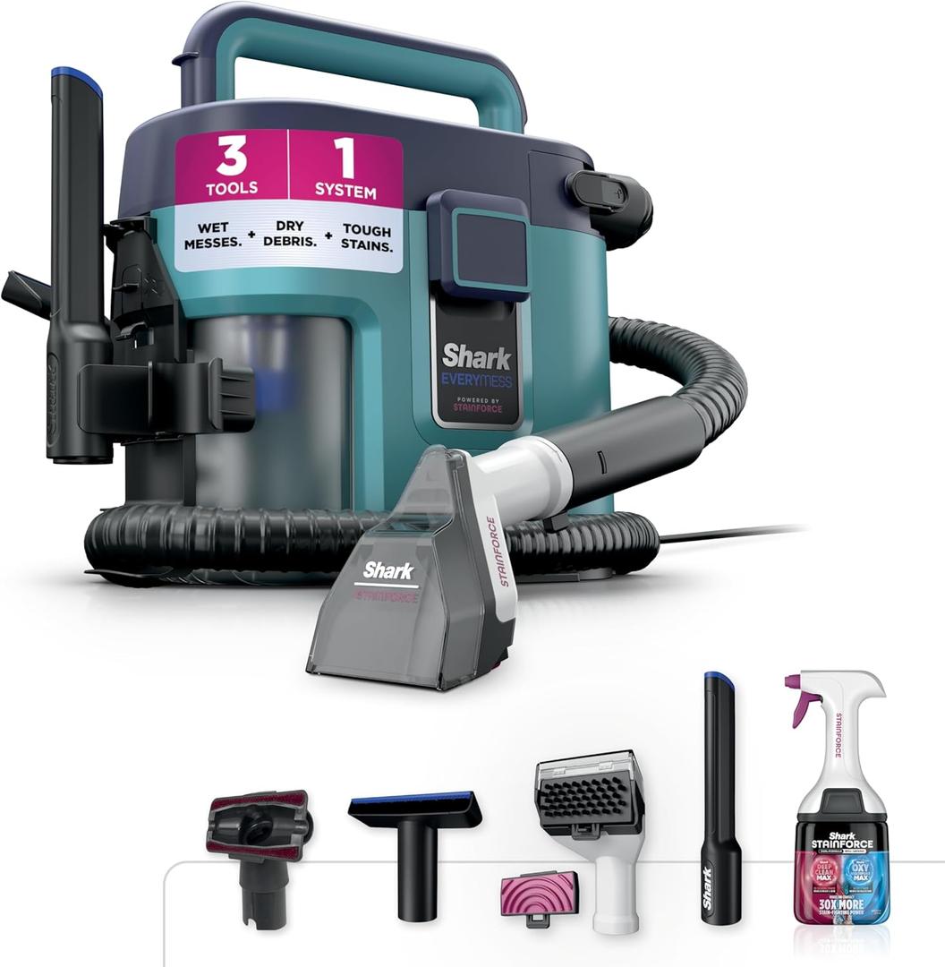 Shark EveryMess | Ultra-Powerful 3-in-1 Wet Vac, Dry Vac, & Stain Eliminator | StainForce Technology, Perfect for Homes, Pets, and Cars | 3 Accessories and Cleaning Solution | Blue | VX102BRN