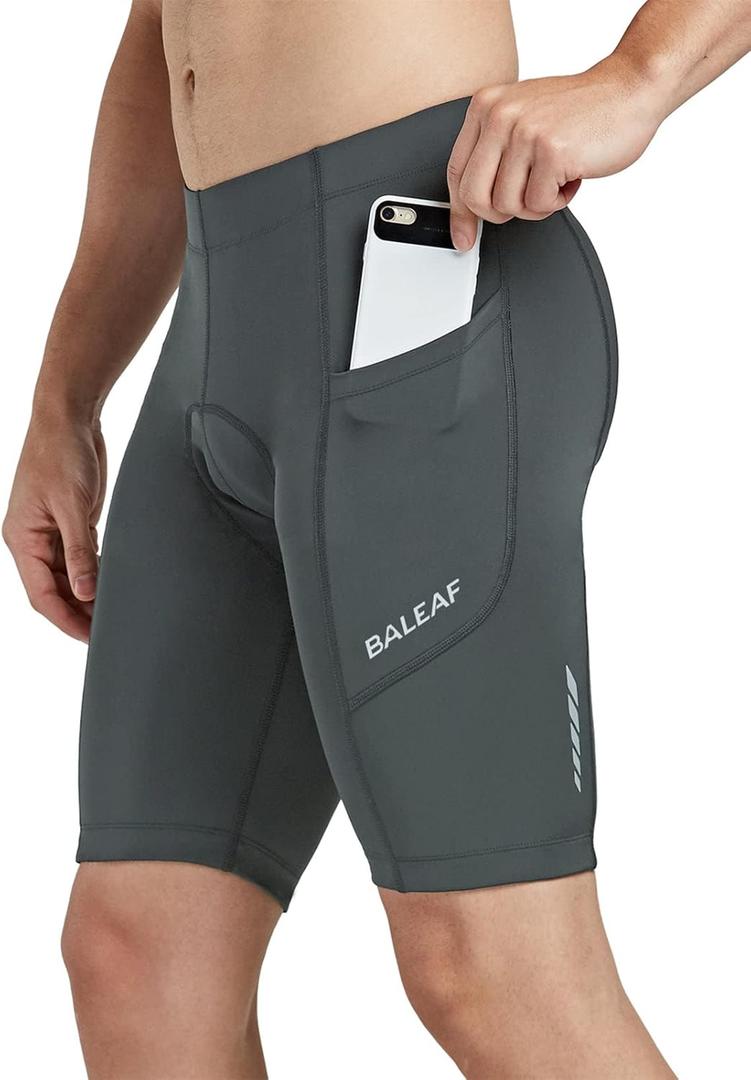 BALEAF Men's Padded Cycling Shorts Bicycle Bike Riding Tights Road Biking Pants Pockets UPF 50+ Grey Size M