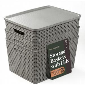 BINO | Plastic Storage Baskets with Lids, 33 Liter - 3 Pack, Natural Grey | THE WOVEN COLLECTION | Storage Basket for Shelves | Woven Storage Baskets for Organizing Bins | Pantry Shelf Organizer Bin