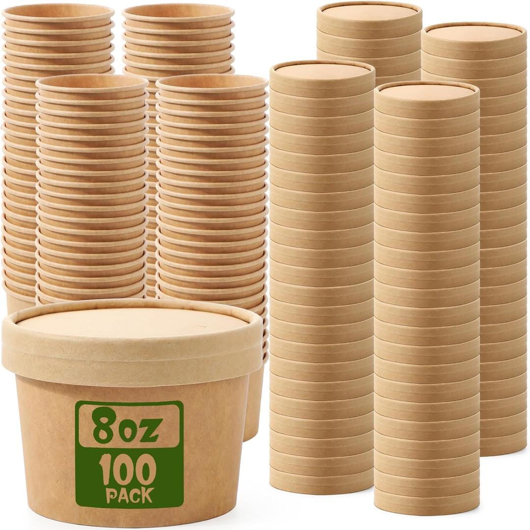 Fulmoon 100 Pack Paper Soup Containers with Lids Disposable Paper Food Containers with Vented Lids Kraft Ice Cream Bowls Soup Cup Ice Cream Cups for Restaurants(8 oz,Brown)