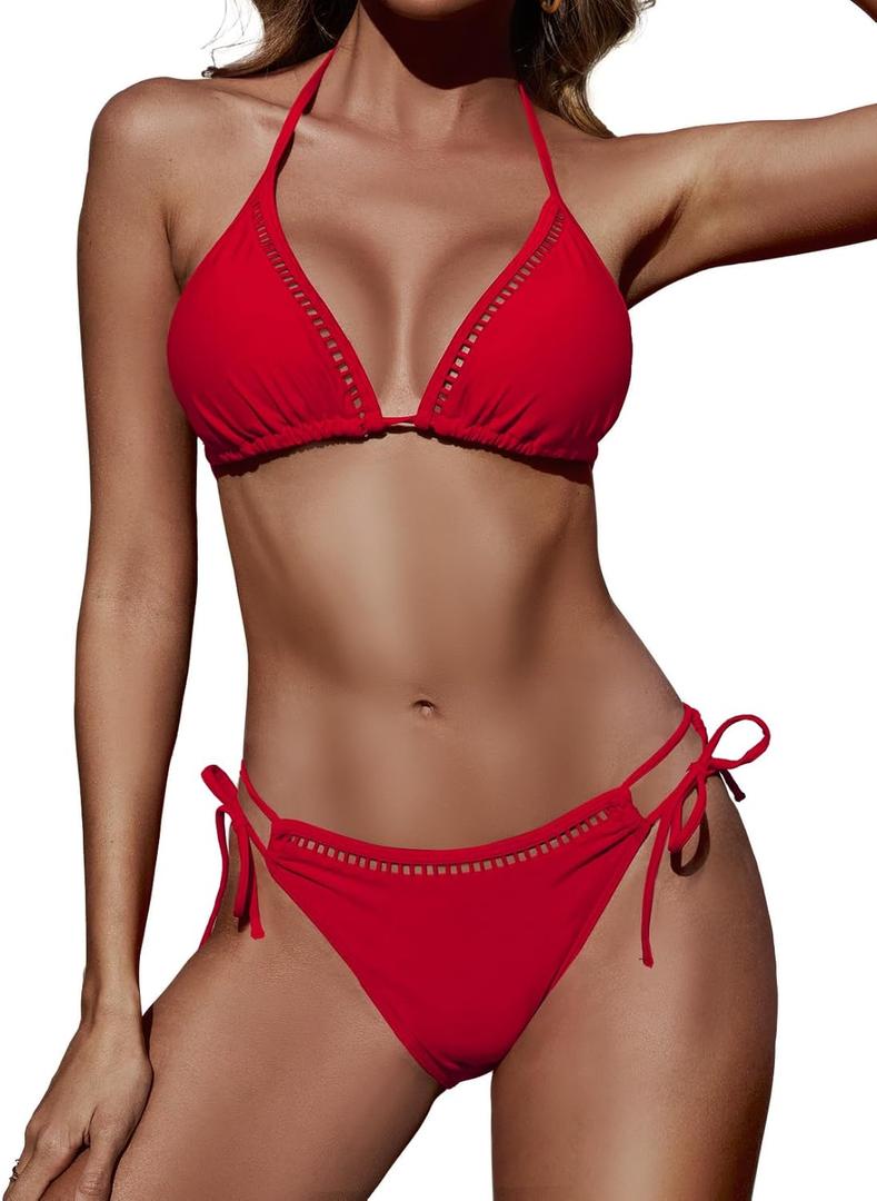 Women Two Piece Swimsuit Halter Triangle Hollow Out Bathing Suits Cheeky String Bikini Sets (Small, Red)