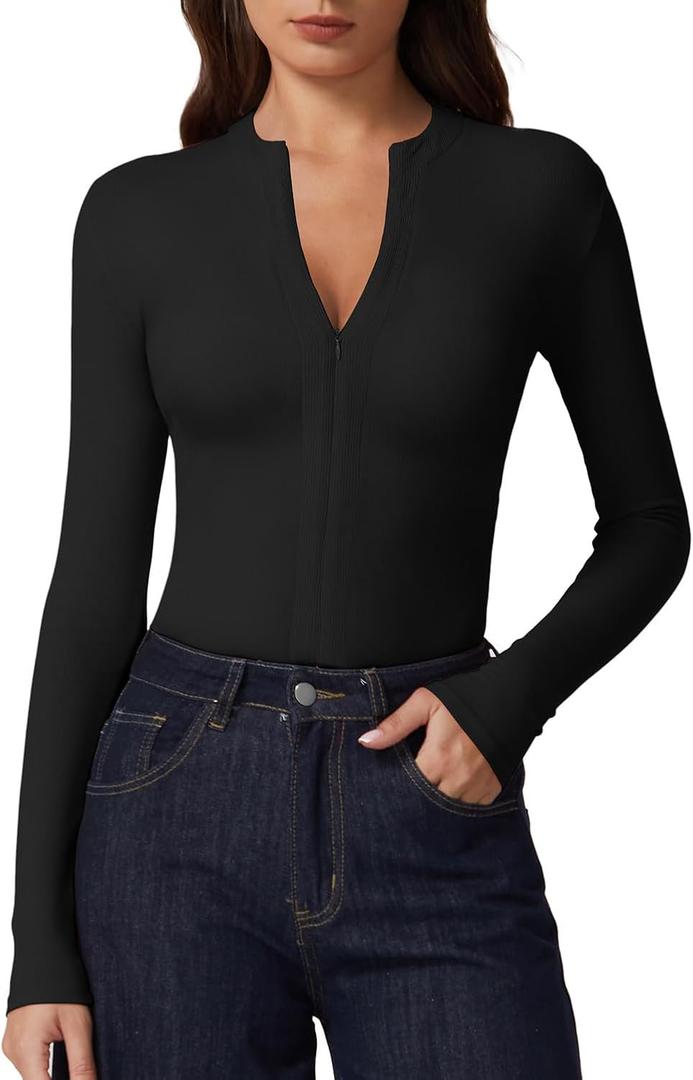 QINSEN Long Sleeve Shirts for Women V Neck Half Zipper Ribbed Knit Going Out Tops Full Length Basic Tee (Medium, Black)