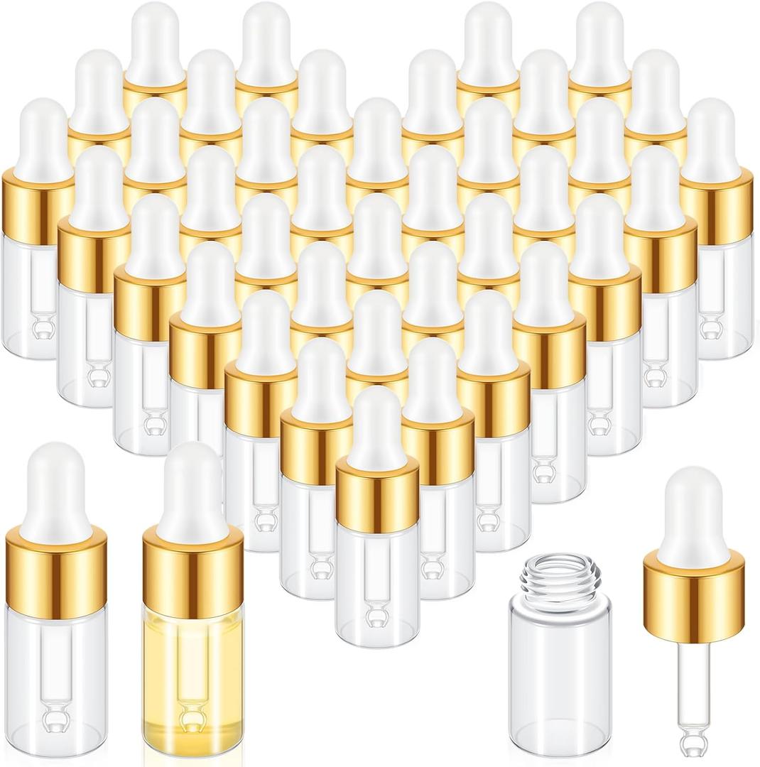 Didaey 200 Pcs Mini Glass Oil Dropper Bottle Bulk, Clear Essential Small Empty Bottles Sample Containers Perfume Liquid Vials with Cap for Traveling (3 ml,Gold)