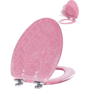 Angol Shiold ELONGATED Pink Toilet Seat Resin Glitter, Slow Close Heavy Duty Acrylic Toilet Seats for Standard Toilets, Easy Installation & Cleaning(19Inch, Pink Glitter, Upgraded hinges)