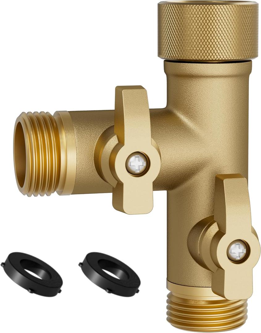 Solid Brass High Flow 2 Way Type Garden Hose Splitter, 360 Degree Rotation 3/4" Spigot Faucet Connectors