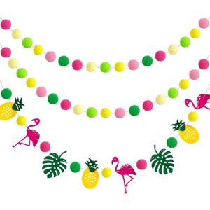 4 Pieces Hawaii Summer Hanging Pompom Ball Garland Tropical Flamingo Pineapple Party Banner Set Aloha Banner Flamingo Flower Garland Banner for Hawaiian