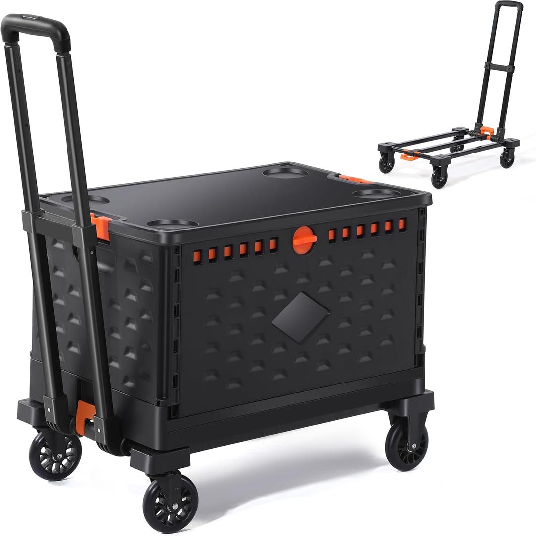 Collapsible Crate+Folding Hand Truck Set -No Assembly Required-Teacher Collapsible Rolling Cart with Wheels,Shopping Cart for Groceries,Crate On Wheels and Tote Basket,Mobile Storage for File, Book