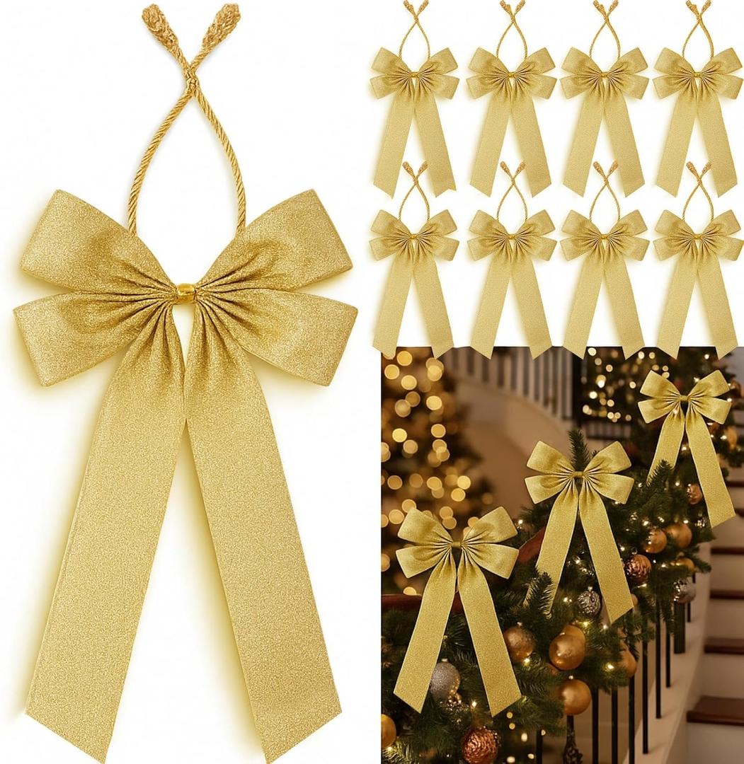Soulchen 12 Pcs Large Christmas Bows with Garland Twist Ties Decorative 26 Inch Glitter Twist Tie Bows for Christmas Tree Wreath Garland Railings Wrapping Indoor Outdoor Holiday Party Supplies(Gold)