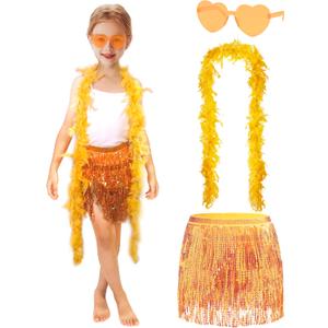 Girls Sequin Skirt Kids Fringe Tassel Skirt Feather Boa Sunglasses Belly Dance Rave Disco Tutu for 3-12Y (Gold Sets)
