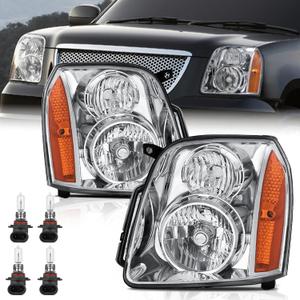 KUIPERAUTO Pair Headlights Assembly Front Lamp Compatible with 2007-2014 GMC Yukon Denali XL 1500 2500 Headlight Replacement w/bulbs Chrome Housing/Clear Lens/Amber Reflector