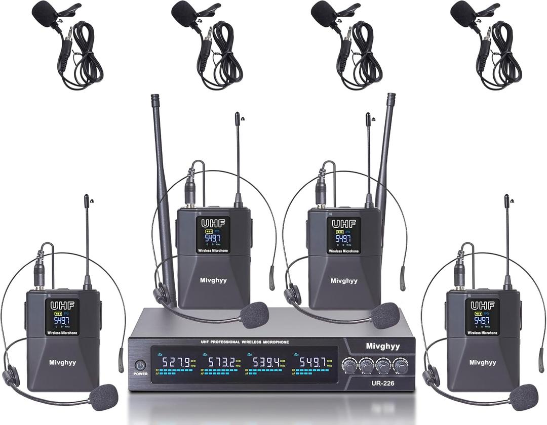 Wireless Microphones System with UHF Headset/Lavalier Lapel Mics, Bodypack Transmitter, 4 x 50 Channels, 164ft Range for Church Conference Performance Singing Karaoke PA Speaker Mixer