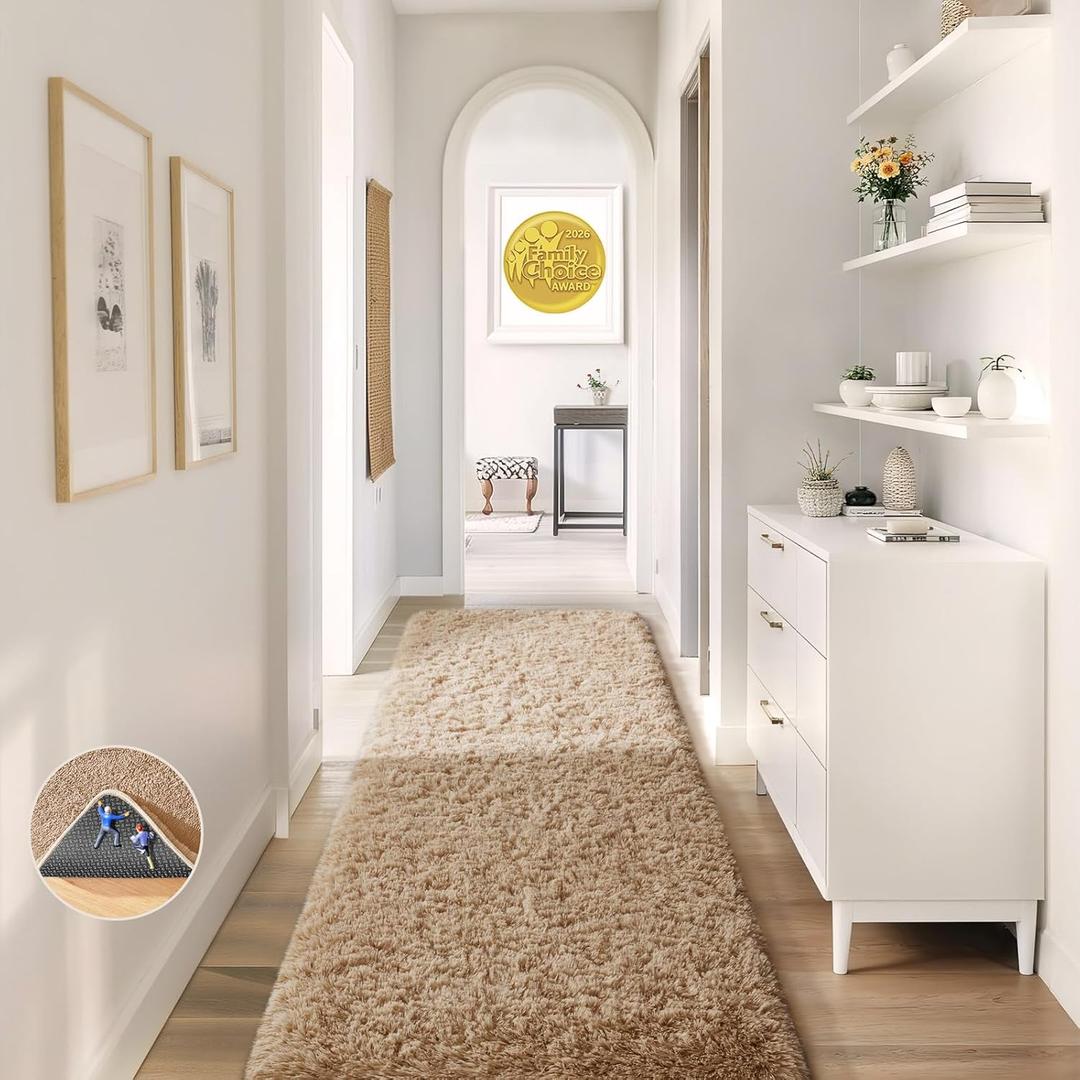Ophanie Runner Rug for Hallway, 2x6 Upgrade Non-Slip Fluffy Soft Bedside Rugs, Bedroom Living Room Beige Shaggy Carpet for Kids Girls Boys Dorm Nursery Home Decor Aesthetic