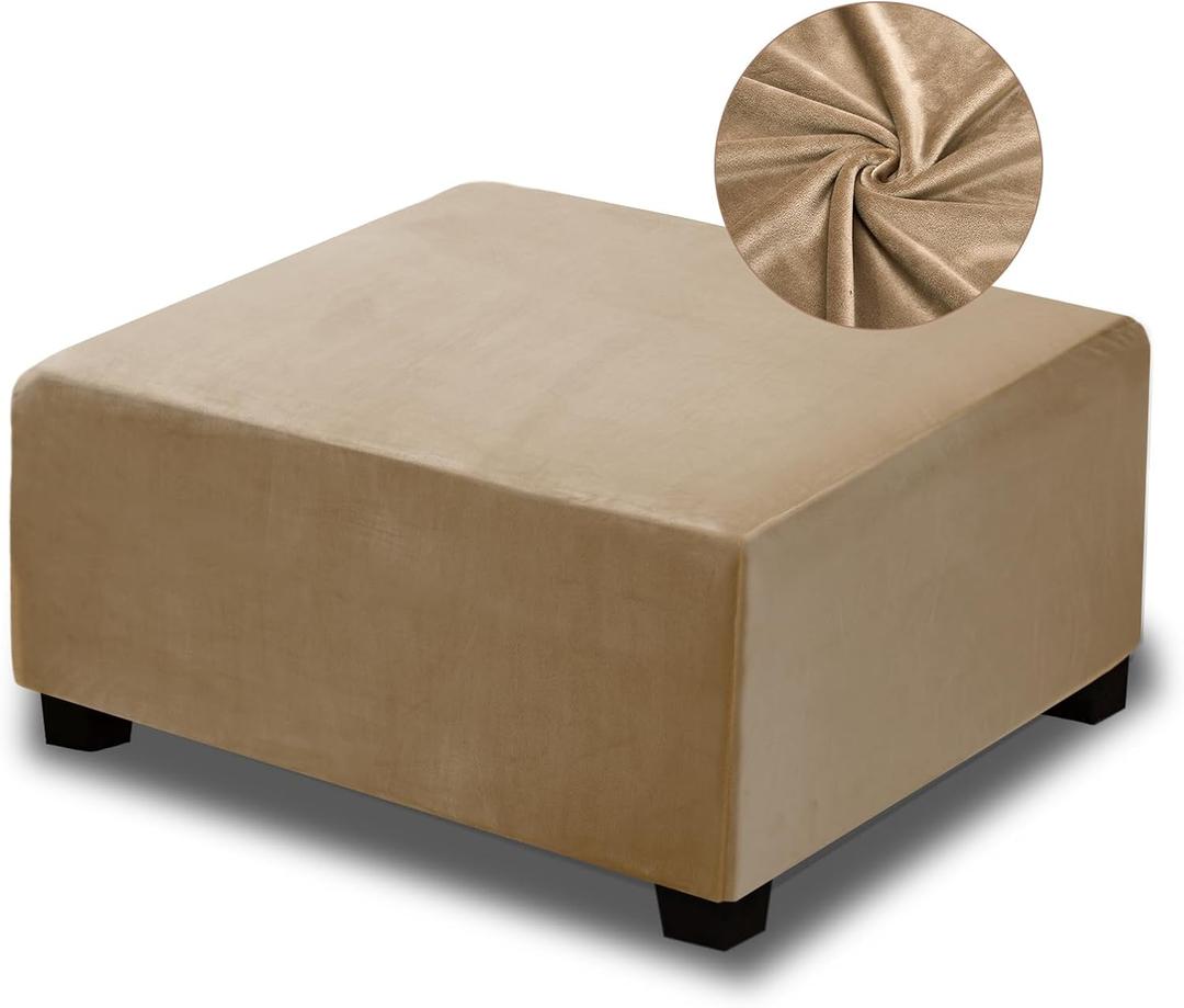 NeColorLife Velvet Square Ottoman Cover, Stretchable Footrest Stool Slipcover with Elastic Band for Rectangle and Square Storage Ottoman(Large, Camel)