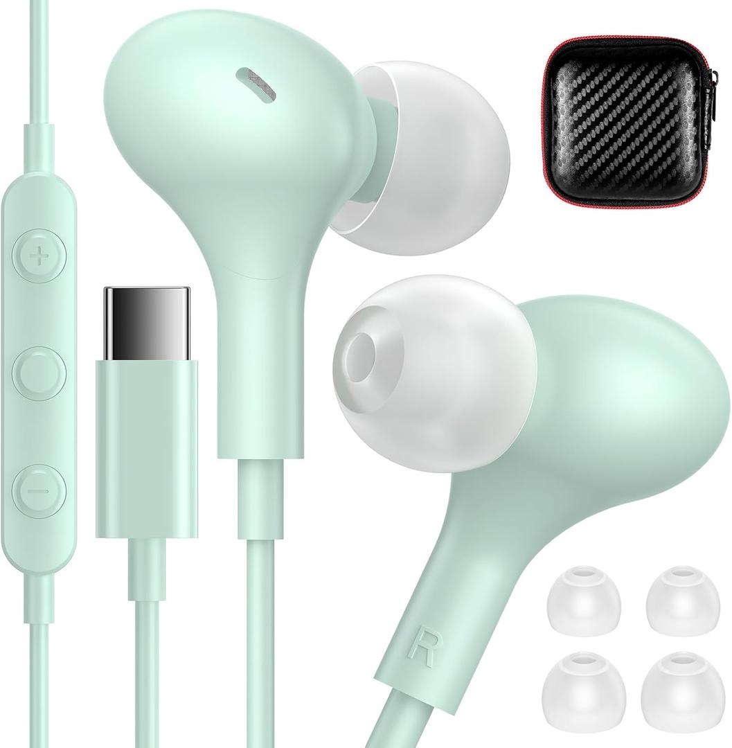 iMangoo for Apple USB C Wired Headphones, Hi-Fi Sound Corded Earbuds, Ergonomic Small in Ear Buds for iPhone 17 Pro Max/17e/16 Plus/16e/15, for Samsung S26/S25 Ultra/for Pixel Type C Earphones Mint