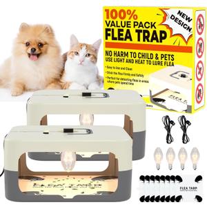 2 Pack Flea Traps for Inside Your Home, Flea Light Traps for Home Indoor with 4 Bulbs and 8 Sticky Discs, Bed Bug Trap Safe to Pets and Kids (White Grey)