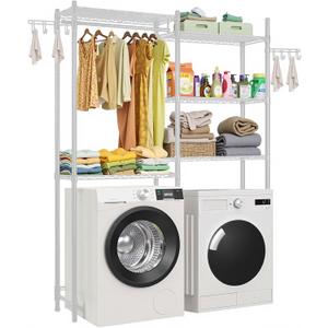 VEVOR Over the Washer and Dryer Storage Shelf, 5 Tier Laundry Room Drying Rack with Hanger Rod and Hooks, Adjustable Over Washer and Dryer Shelves, Laundry Room Shelf Storage Space Saver, White