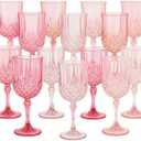 Vesici 24 Pcs Plastic Vintage Wine Glasses 7oz Reusable Colored Goblets Unbreakable Patterned Stemmed Drinking Glasses Drinkware Cup for Wedding Reception Party Supplies(Pink)