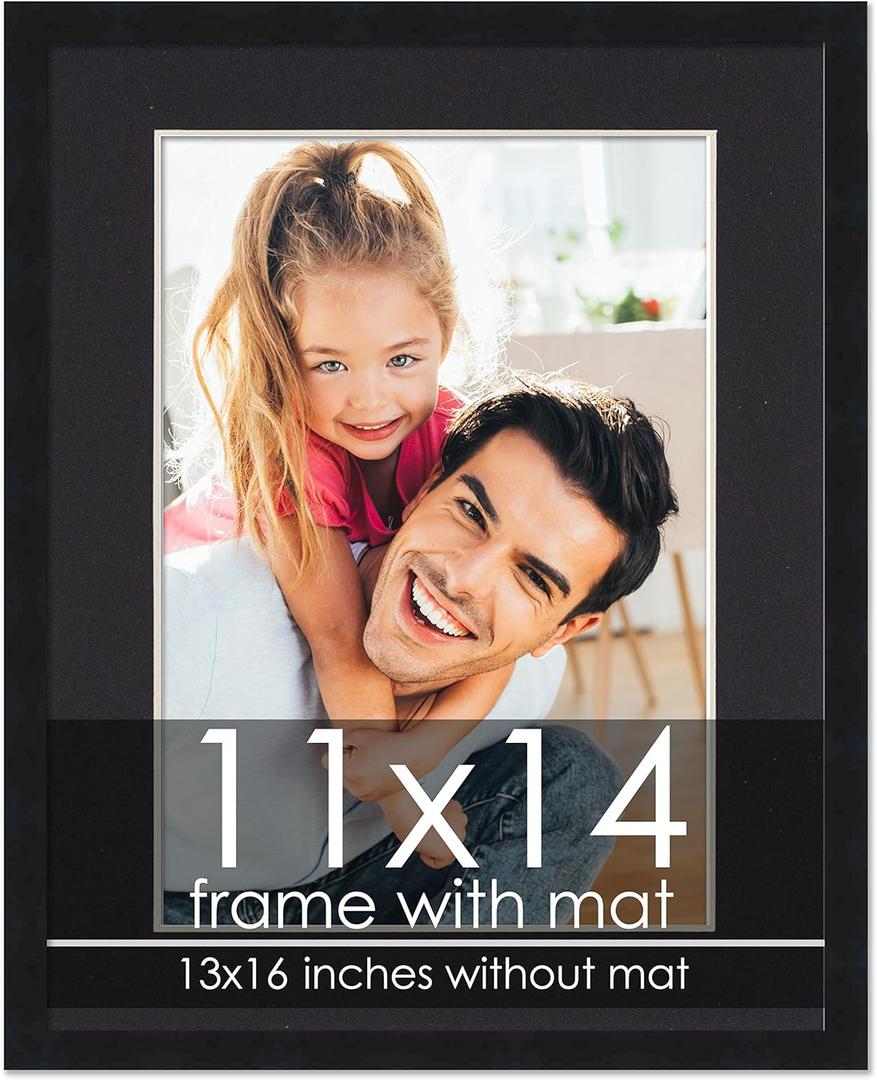 11x14 Frame with Mat - Black 13x16 Frame Wood Made to Display Print or Poster Measuring 11 x 14 Inches with Black Photo Mat