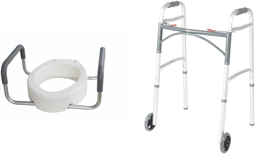 Essential Medical Supply Raised Elevated Toilet Seat Riser for an Elongated Toilet & Drive Medical 10210-1 2-Button Folding Walker with Wheels, Rolling Walker