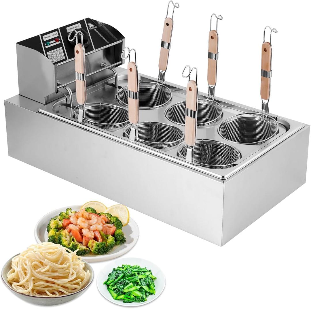JIAWANSHUN Commercial Pasta Cooker with 6 Noodle Baskets, 50-250 Temperature Adjustable, 110V Electric Noodles Cooking Machine for Restaurant, Stainless Steel Dumpling & Ramen Cooker