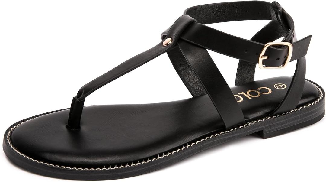 Colgo Thong Flat Sandals, Casual Women T-Strap Dress Sandals with Adjustable Ankle Buckle for Summer Wedding (9, Ls Black/Sdl)