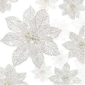 WILLBOND 36 Pieces Christmas Poinsettia Flowers Artificial Ornaments Glitter Christmas Decorations Tree Wedding New Year (White)
