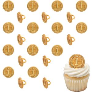 Gold Medal Cupcake Rings, 24 Cupcake Toppers For Sports Celebrations, Winter Olympics, Number 1, Food Safe Cake Toppers 24 Pack