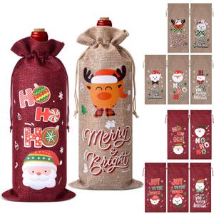 12 Pcs Christmas Bottle Gift Bags with Drawstring, Burlap Gift Bags with 12 Assorted Holiday Designs for Xmas Party Decorations
