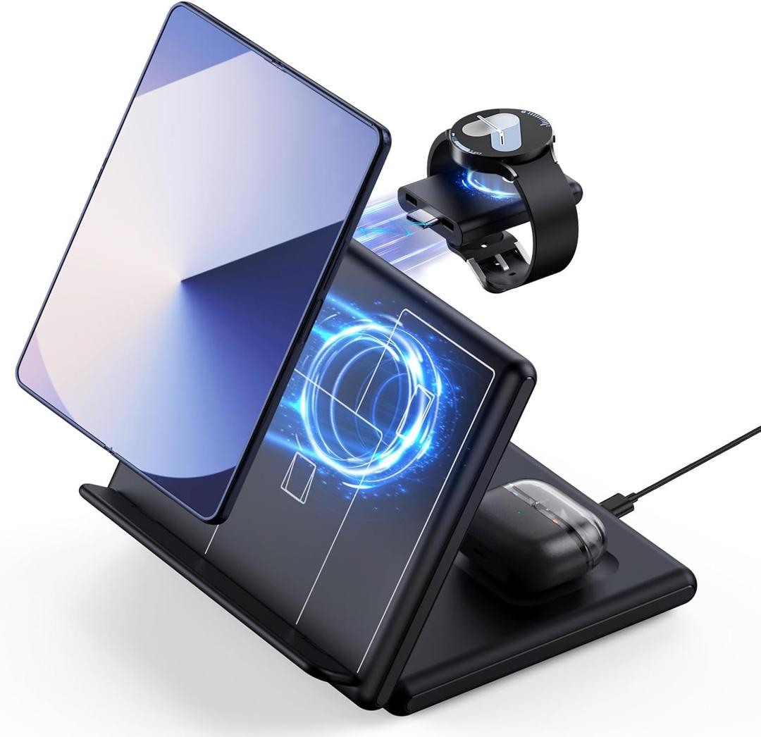 Wireless Charger for Samsung/Android, 3 in 1 Foldable Phone Charging Station/Stand for Galaxy Z Fold/Flip 6/5/4, S25/S24/S23/S22, Travel Watch Charger for Samsung Watch 7/6/5/4,for Buds3/2 Pro(Black)