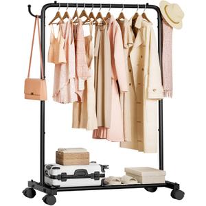 Homde Rolling Clothes Rack with Hooks: Standing Garment Storage for Indoor - Hanging Rod for Bedroom Laundry Room - Coat Dress Organizer on Wheels with luggage shelf (Black, 32")