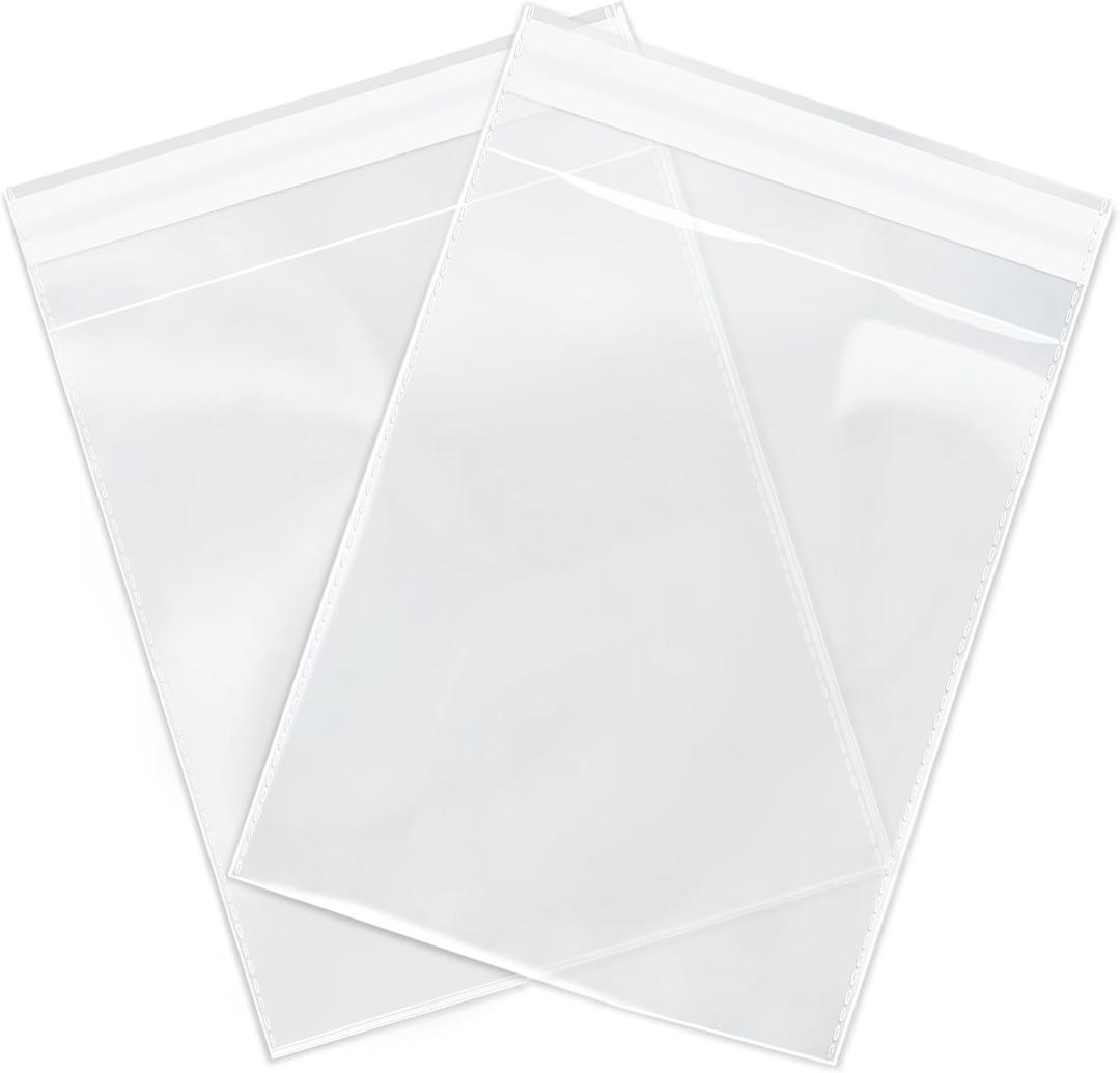 Industrial - 13" X 12" (100 Count) Crystal Clear Resealable Cello Poly Bags for Packaging, Clothing & T Shirts - Self Seal & Reinforced