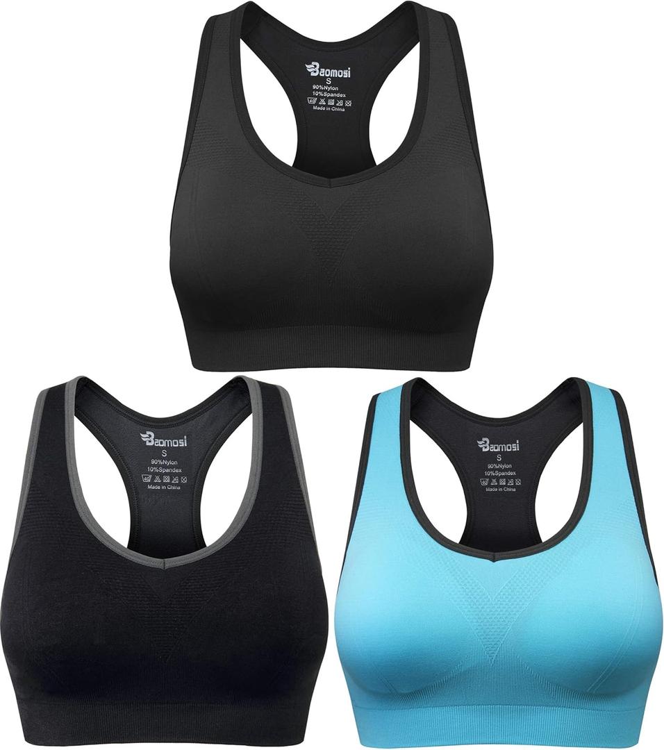 Women's Seamless Racerback Sports Bra High Impact Support Yoga Gym Workout Fitness (XX-Large, 3 Pcs (Black,Blue,Grey)
