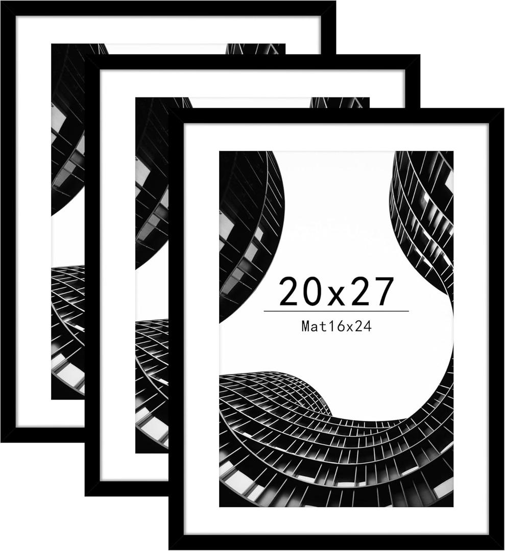 Abtgt 20x27 Picture Frame Set of 3, Display Pictures 16x24 with Mat or 20x27 without Mat, Poster Frame for Wall Mounting Display, Black