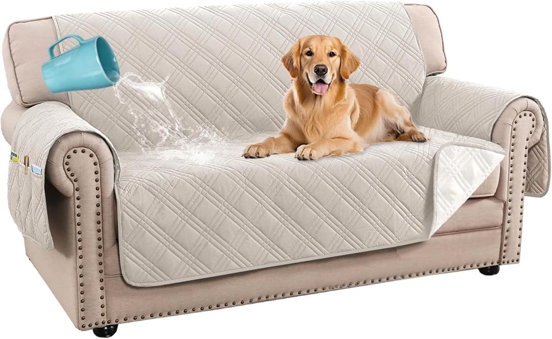 H.VERSAILTEX 100% Waterproof Couch Cover 2 Cushion Sofa Modern Sofa Covers Waterproof and Washable Thick Soft Couch Cover for Dogs with Elastic Straps (Loveseat, French Oak/Beige)