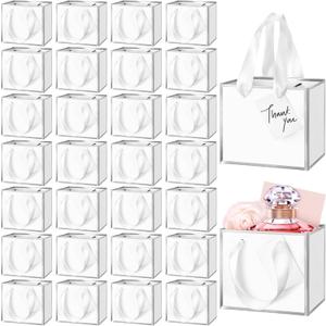 Yeaqee 50 Pcs Mini Metallic Foil Gift Bags with Handles 4x4.75x2.25'' Tiny Thank You Favor Bag with Tag for Christmas Fall Thanksgiving Welcome Wedding Baby Shower Birthday Party(White, Silver)