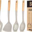 Silicone Cooking Utensils Set, Perfectly Angled for Frying, Mixing,Serving,Draining,Turning and Stirring, BPA-Free Matte Silicone, Wood Handles, Safe for Nonstick Cooking Surfaces,4 Pack (Khaki)