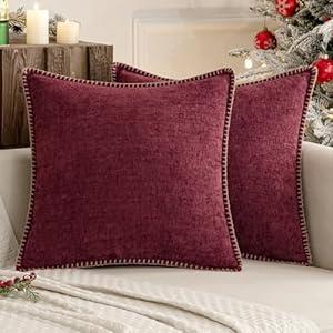 MIULEE Pack of 2 Couch Throw Pillow Covers 18x18 Inch Coastal Burgundy Red Farmhouse Decorative Pillow Covers with Stitched Edge Soft Chenille Solid Dyed Spring Pillow Covers for Sofa Bed Living Room