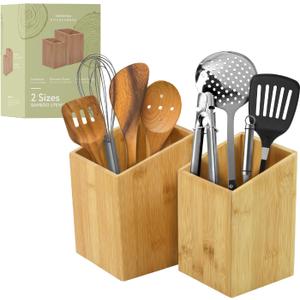 IMPRESA [2 Pack] Bamboo Utensil Holder for Clutter-Free Kitchen  Stylish Kitchen Utensil Crock for Elegant Display and Storage Wooden Utensil Holder Set for Countertop  Bamboo Kitchen Accessories